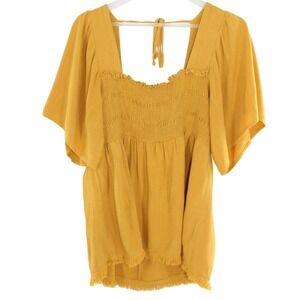 Lush Linen Blend Smocked Babydoll Top Fringe Hem Large Mustard Yellow